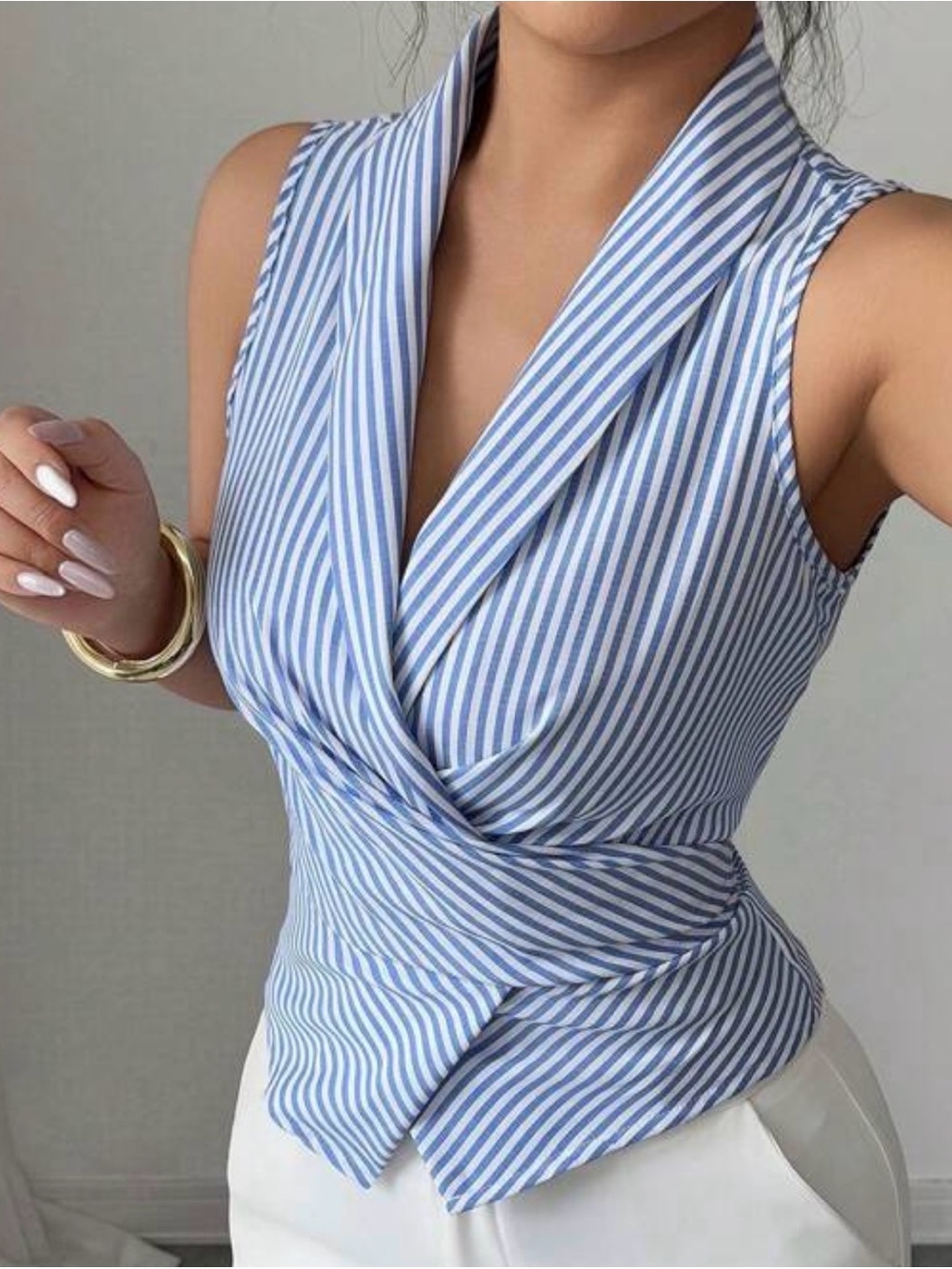 Blue and White Striped Sleeveless Wrap Blouse